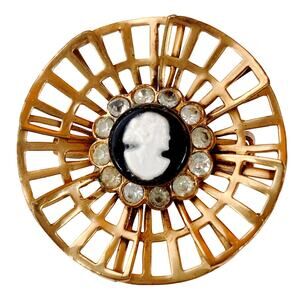 VTG Signed Coro Cameo Brooch Mid Century Gold Tone Openwork Rhinestone Pin 1950s